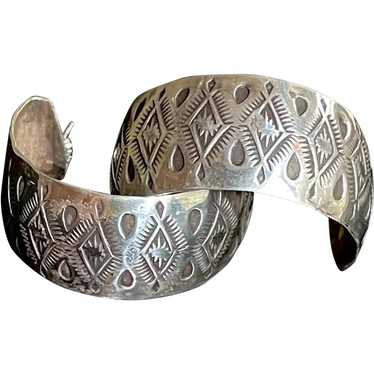 Vintage Navajo Hand-Stamped Sterling Half-Hoop Ea… - image 1