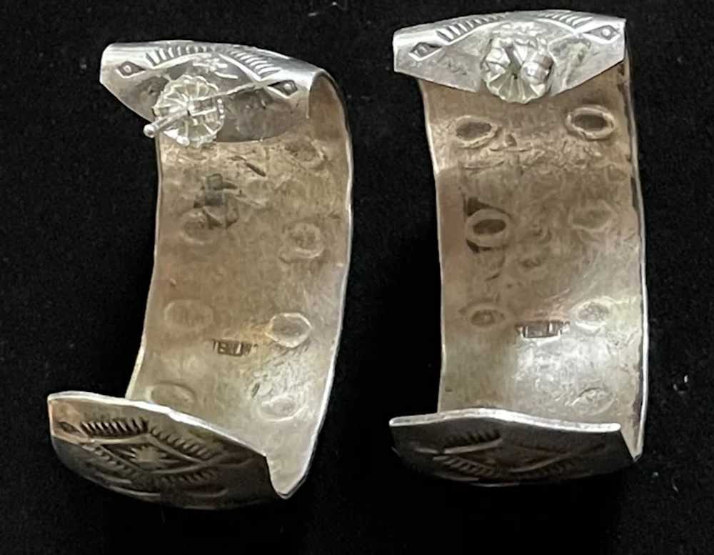 Vintage Navajo Hand-Stamped Sterling Half-Hoop Ea… - image 2