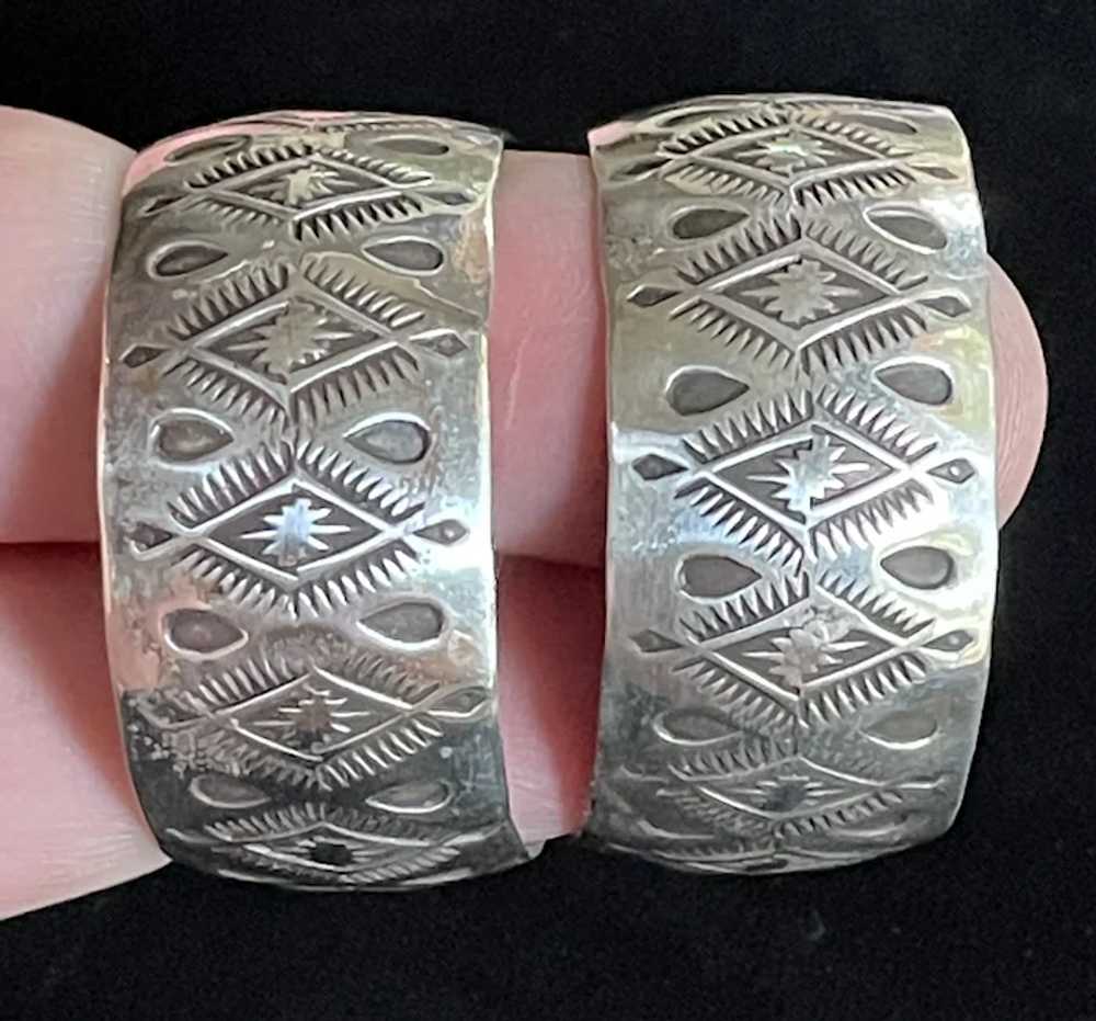 Vintage Navajo Hand-Stamped Sterling Half-Hoop Ea… - image 3