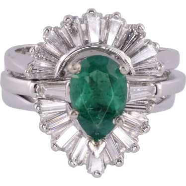 Pear Emerald & Baguette Diamond Wedding Set - image 1