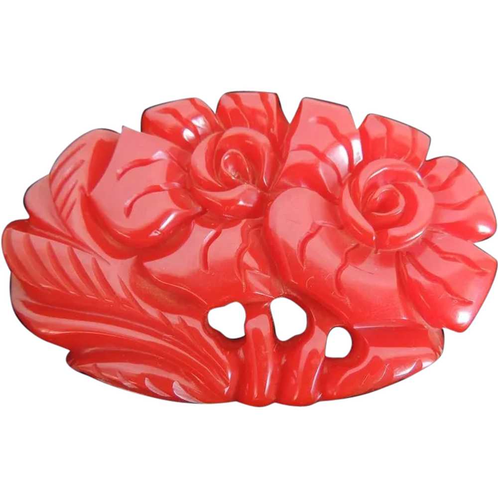 Bakelite Pin Deeply Carved Red Dimensional Flower… - image 1