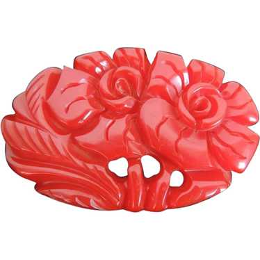 Bakelite Pin Deeply Carved Red Dimensional Flower… - image 1