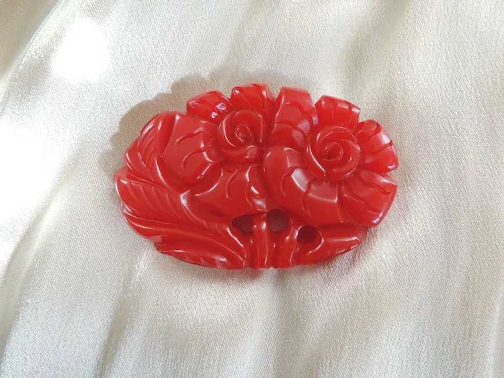 Bakelite Pin Deeply Carved Red Dimensional Flower… - image 2