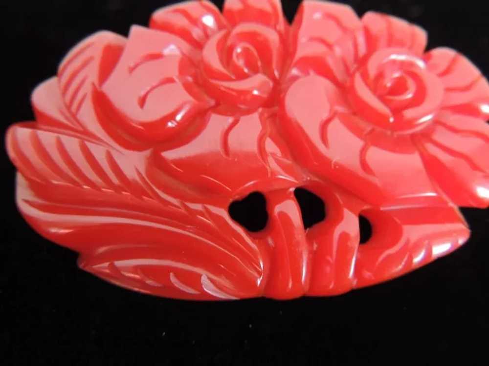 Bakelite Pin Deeply Carved Red Dimensional Flower… - image 3