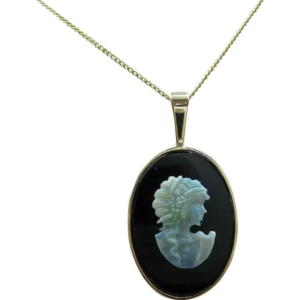 1960's Solid 14k Gold Black Onyx Pendant with Fie… - image 1