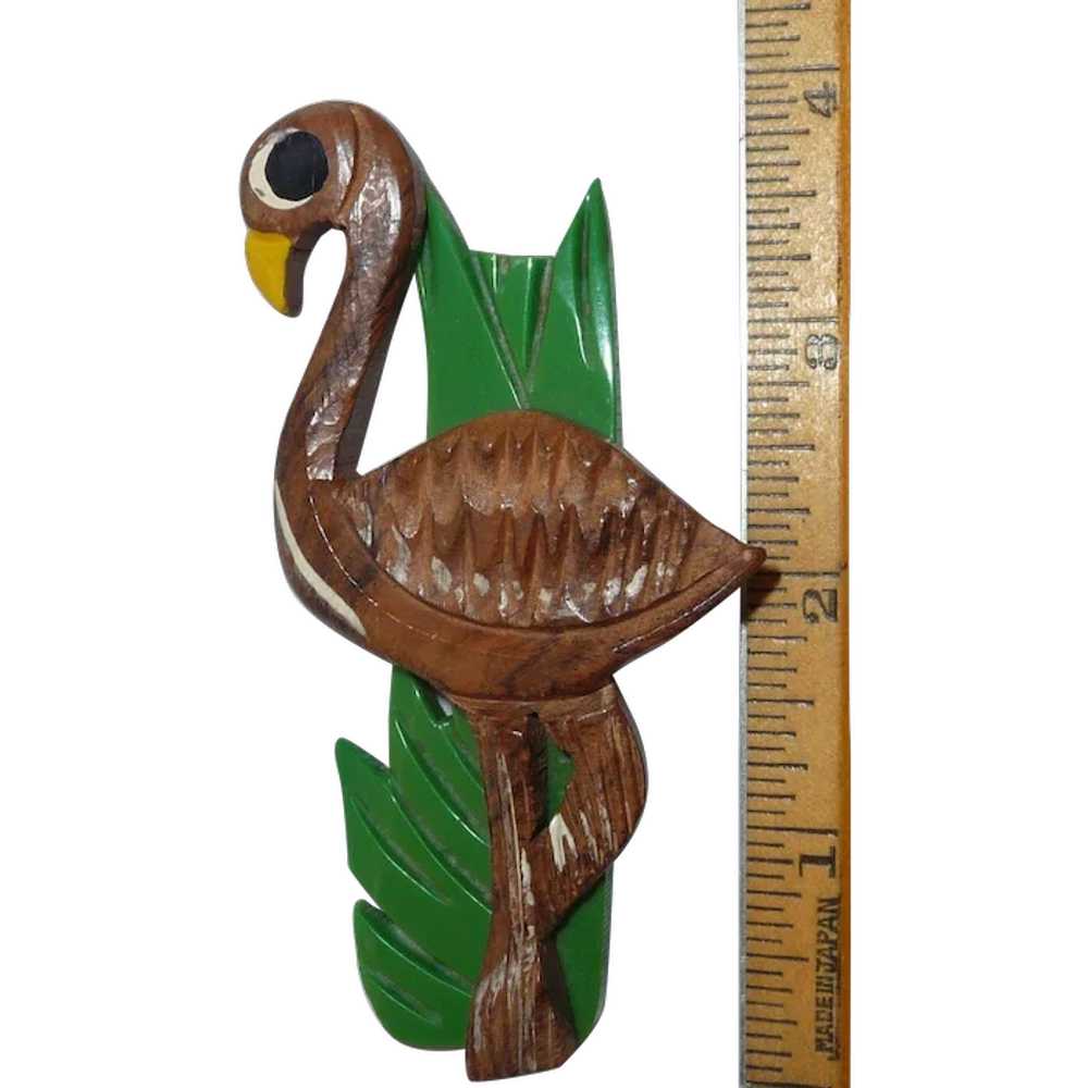 Vintage Carved Wood Flamingo Pin Brooch w/ Cellul… - image 1