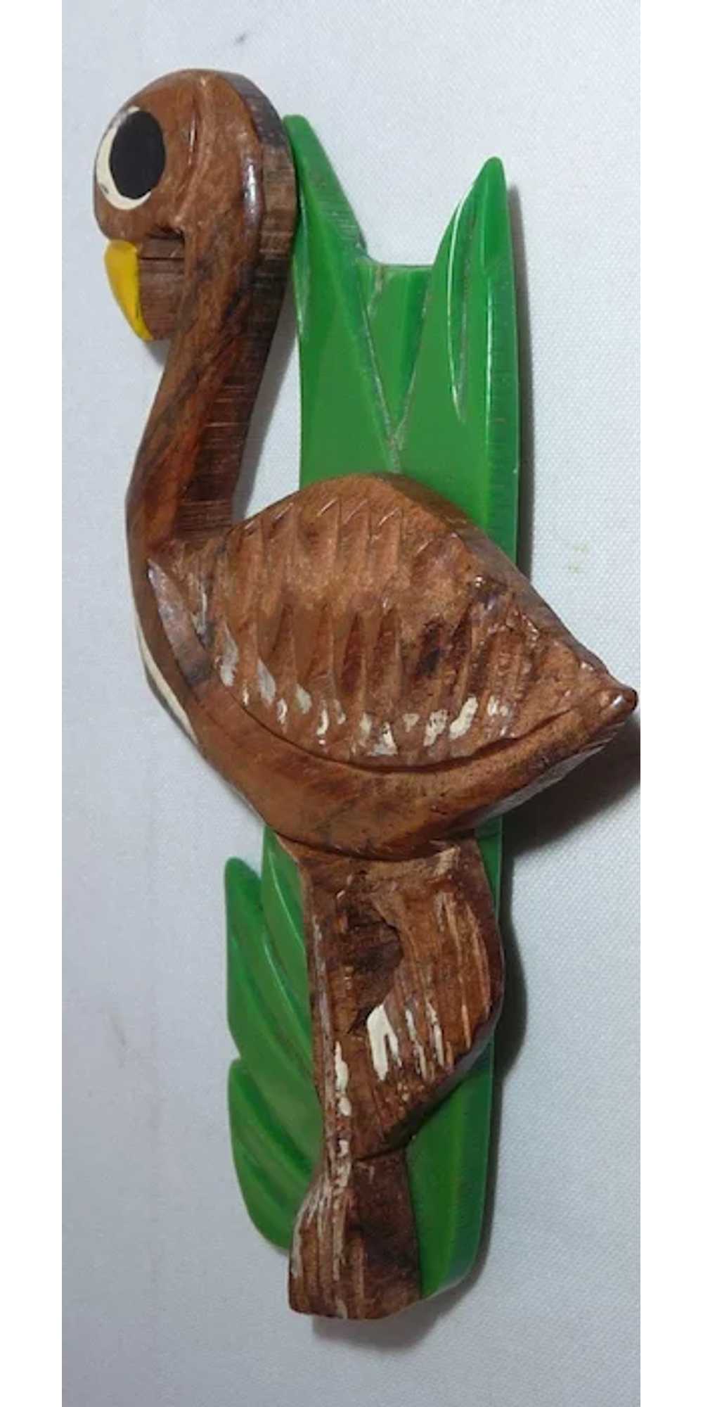 Vintage Carved Wood Flamingo Pin Brooch w/ Cellul… - image 2