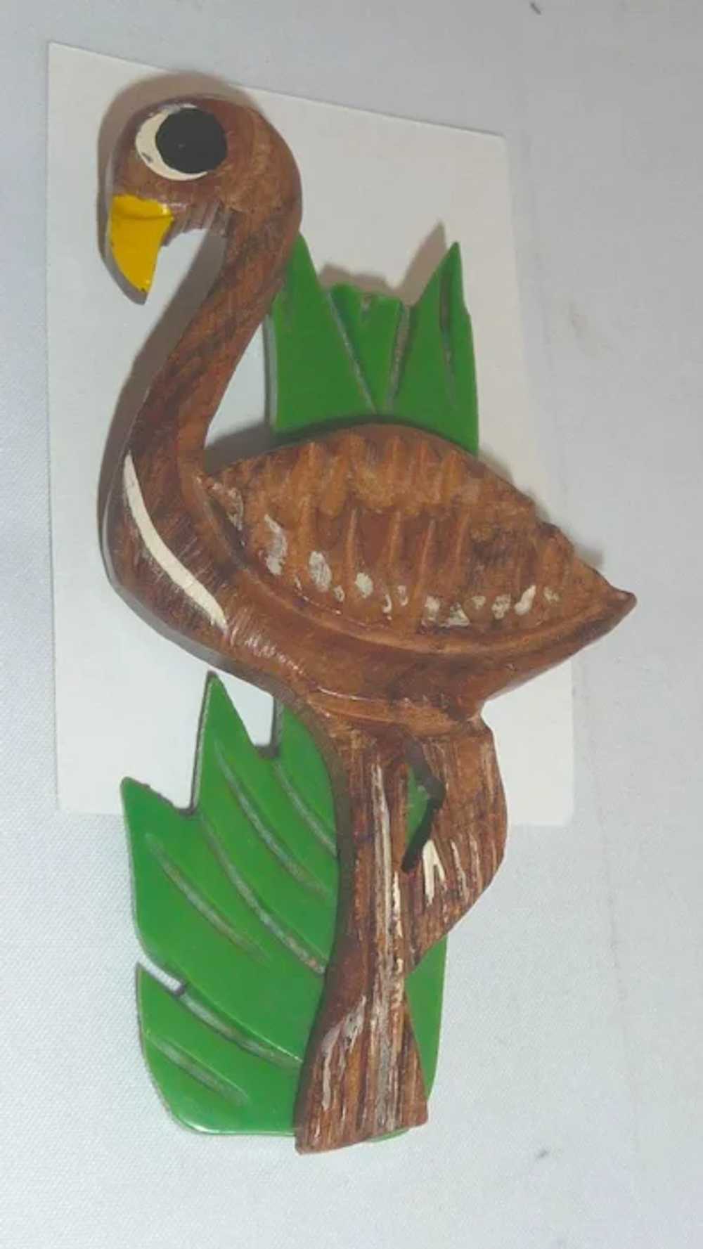 Vintage Carved Wood Flamingo Pin Brooch w/ Cellul… - image 3