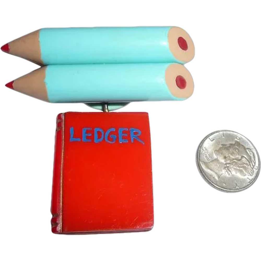 Bakelite Two (2) Pencils & Ledger Book Charm Pin … - image 1