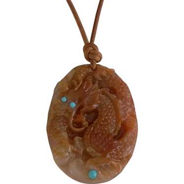 Carved Carnelian Dragon, Persian Turquoise, leathe