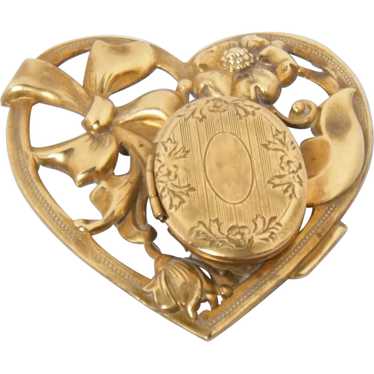 Heart Locket Brooch with Bow and Flower