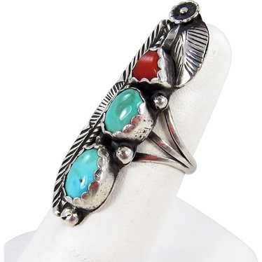 Navajo - Sterling, Turquoise & Coral Ring. C. 197… - image 1