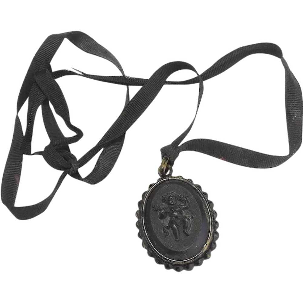 Unusual Black Mourning Pendant with Relief of Bac… - image 1