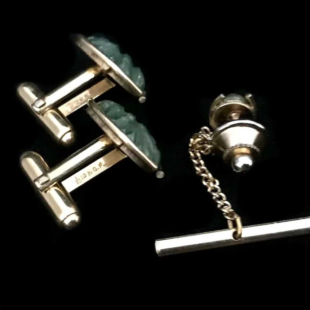 Anson Jade Cufflinks and Tie Pin Set, 12k GF, 193… - image 5