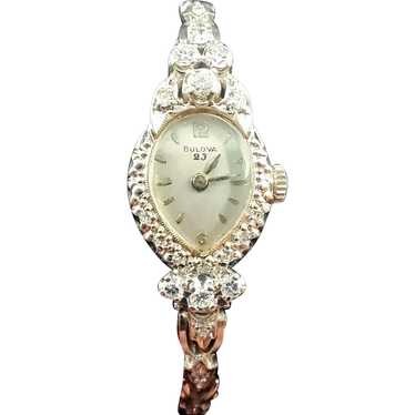 Vintage 14K White Gold Ladies Bulova Wristwatch w… - image 1