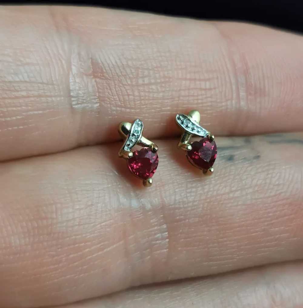 Vintage Synthetic Ruby and Diamond heart earrings… - image 11