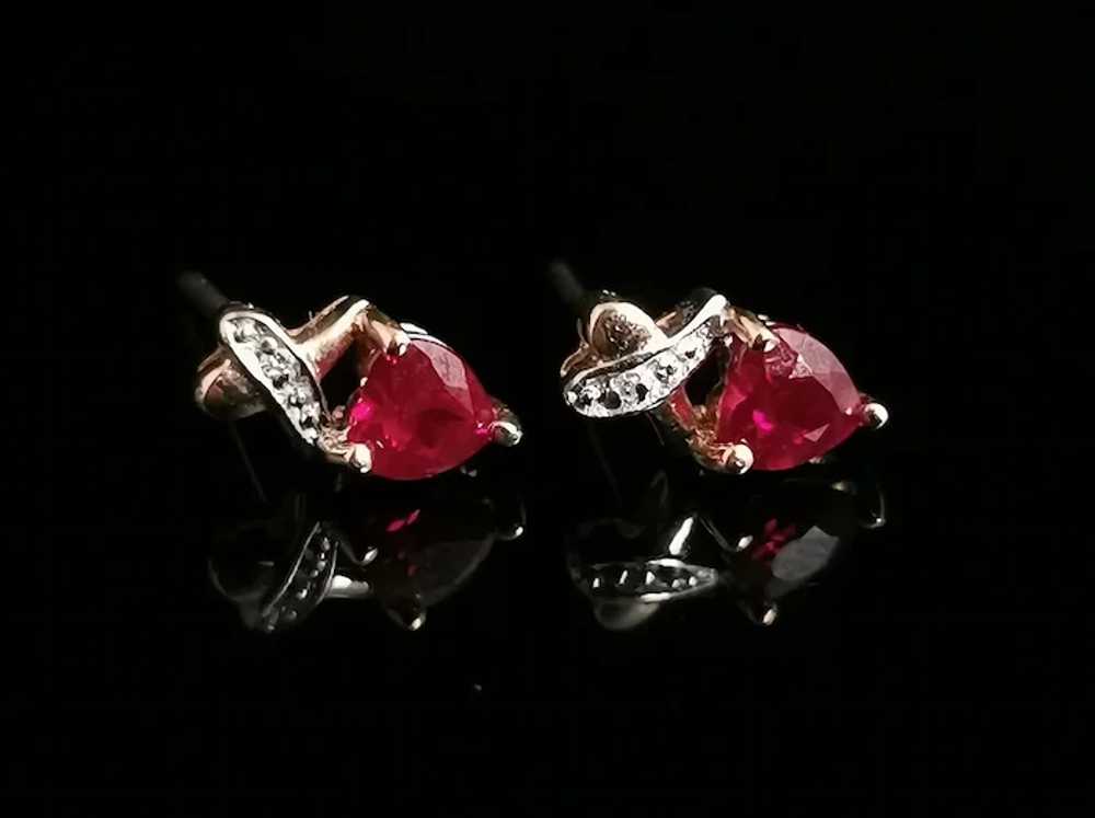 Vintage Synthetic Ruby and Diamond heart earrings… - image 2