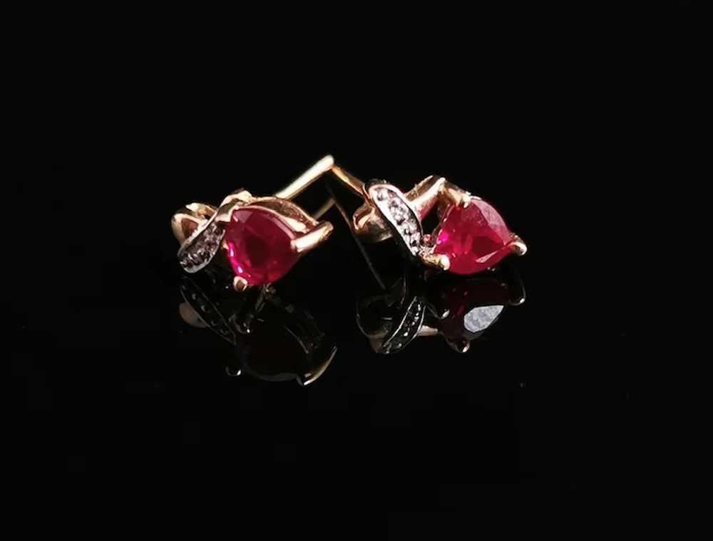 Vintage Synthetic Ruby and Diamond heart earrings… - image 3