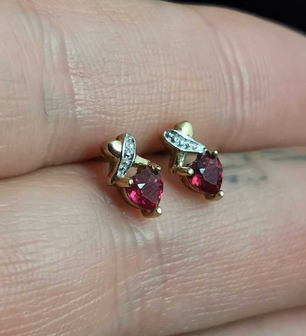 Vintage Synthetic Ruby and Diamond heart earrings… - image 9