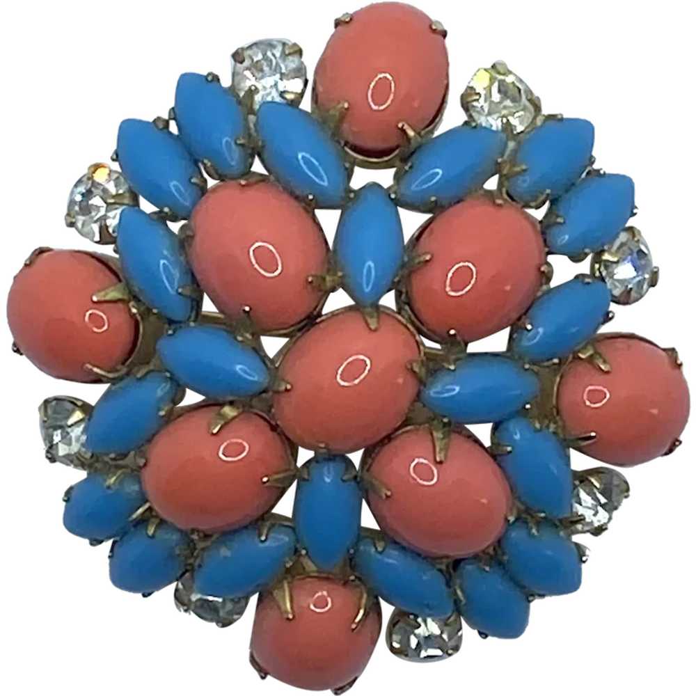 Scaasi Turquoise Blue & Coral Glass Stones Brooch - image 1