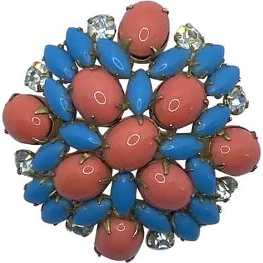 Scaasi Turquoise Blue & Coral Glass Stones Brooch - image 1