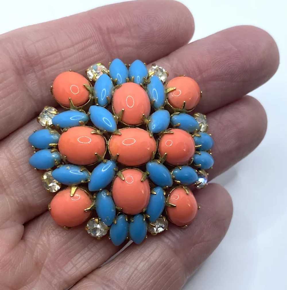 Scaasi Turquoise Blue & Coral Glass Stones Brooch - image 3