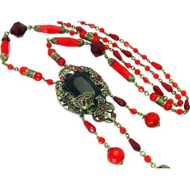 Antique, Red Czech Glass & Gilded Filigree Sautoir