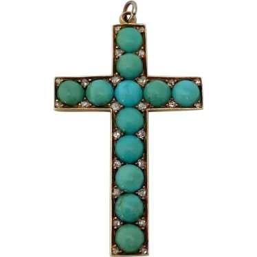 14 karat Gold Victorian Diamond & Turquoise Cross