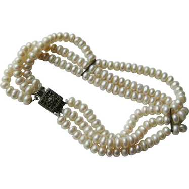 Sterling & Pearl Triple Strand Bracelet - image 1