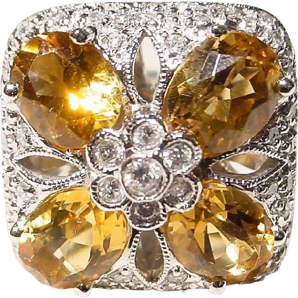 Floral Golden Citrine Diamond Ring  18K Square - image 1