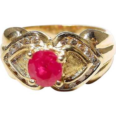 Double Hearted Etruscan Setting Ruby Diamond Ring… - image 1