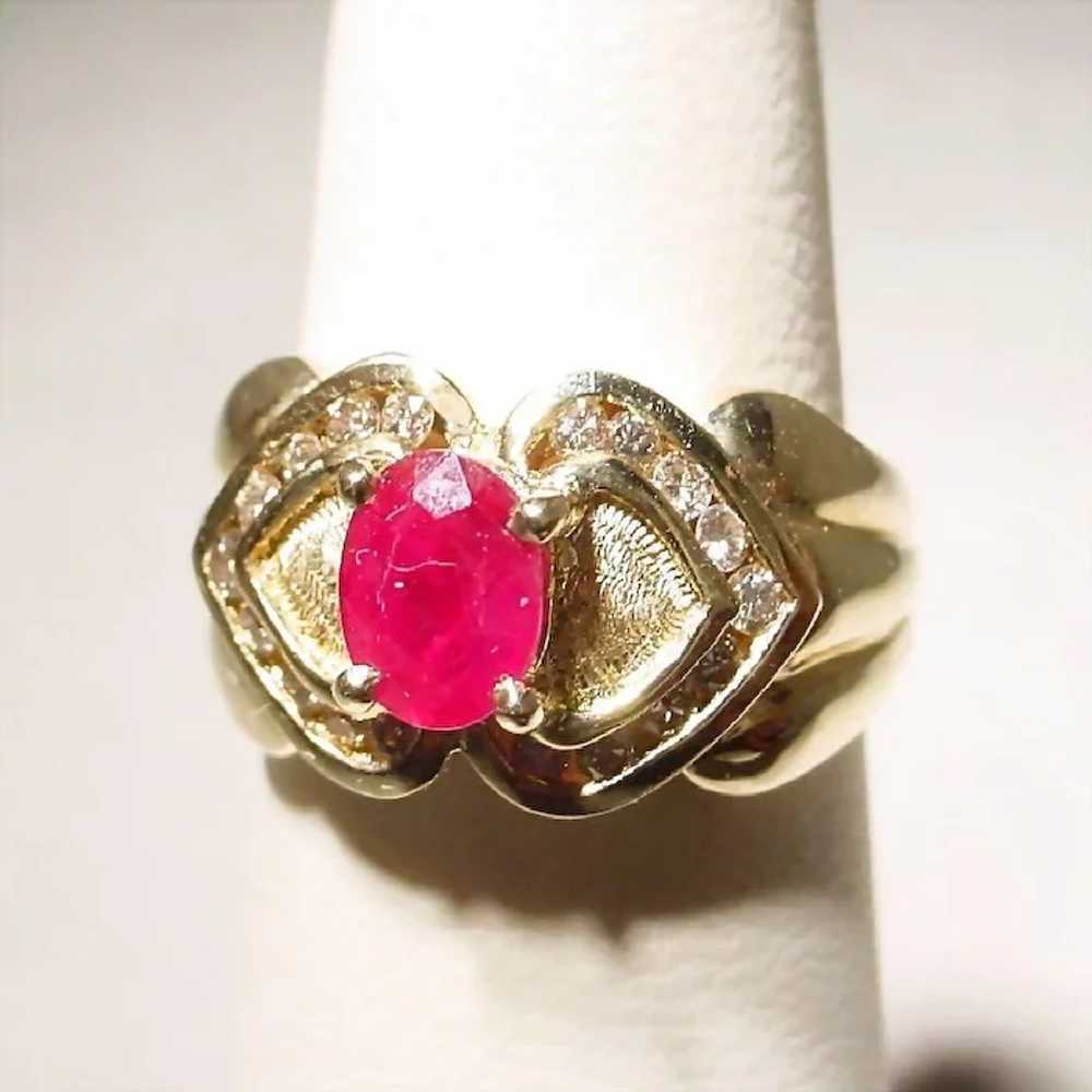 Double Hearted Etruscan Setting Ruby Diamond Ring… - image 3