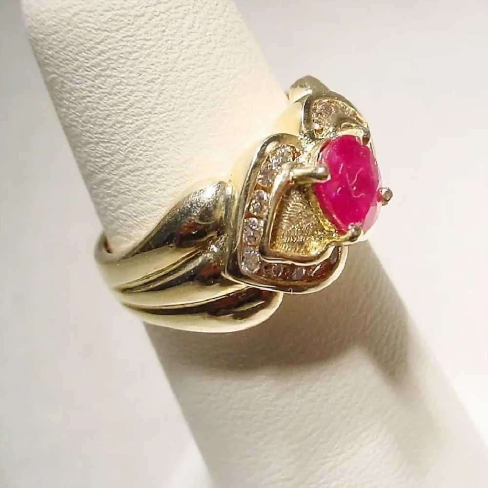 Double Hearted Etruscan Setting Ruby Diamond Ring… - image 5