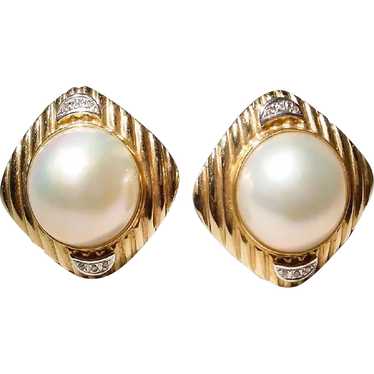 Huge Mabe Diamond Earrings 14K Cultured Pearls 18… - image 1