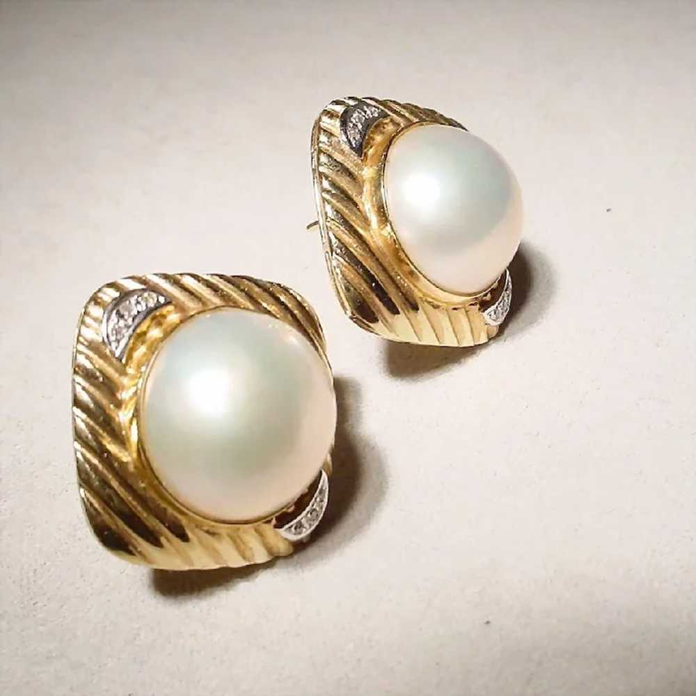 Huge Mabe Diamond Earrings 14K Cultured Pearls 18… - image 2