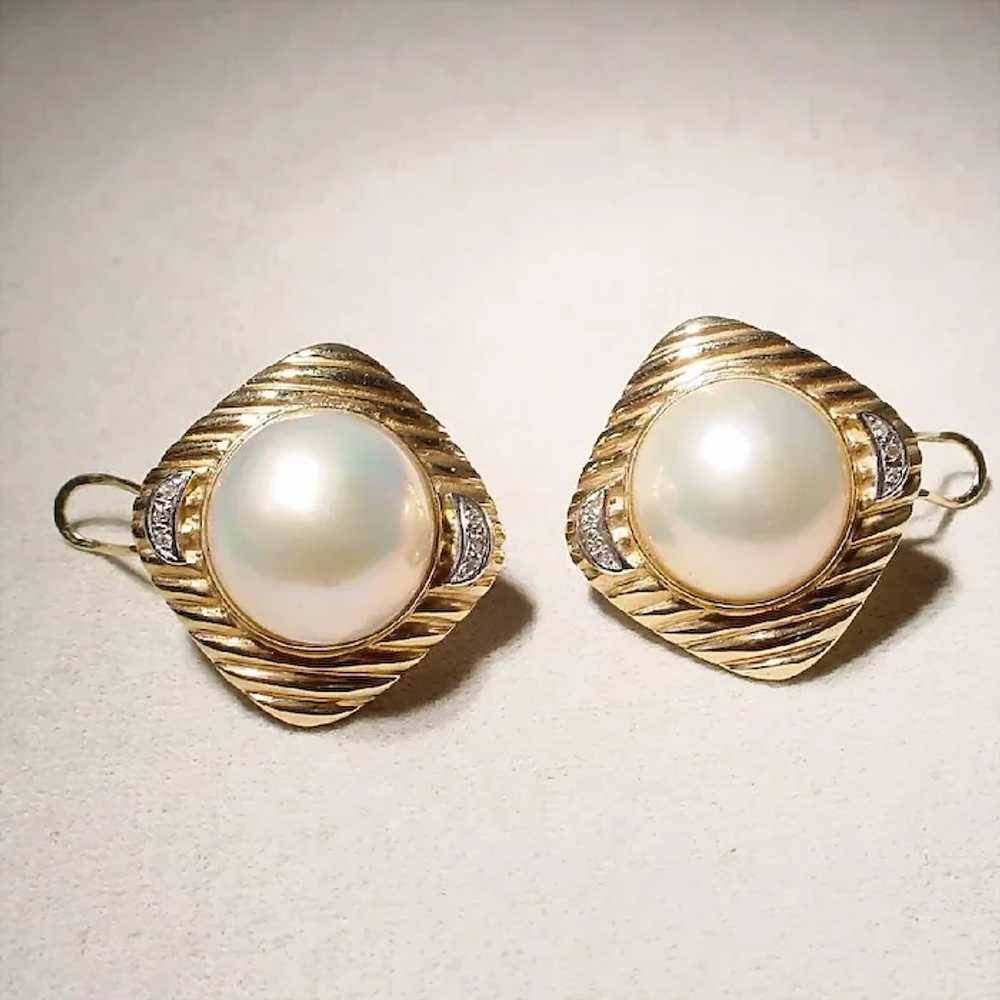 Huge Mabe Diamond Earrings 14K Cultured Pearls 18… - image 3