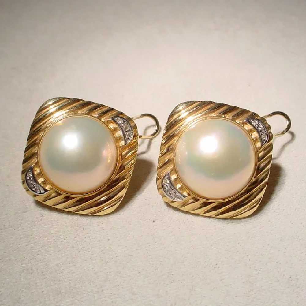 Huge Mabe Diamond Earrings 14K Cultured Pearls 18… - image 4