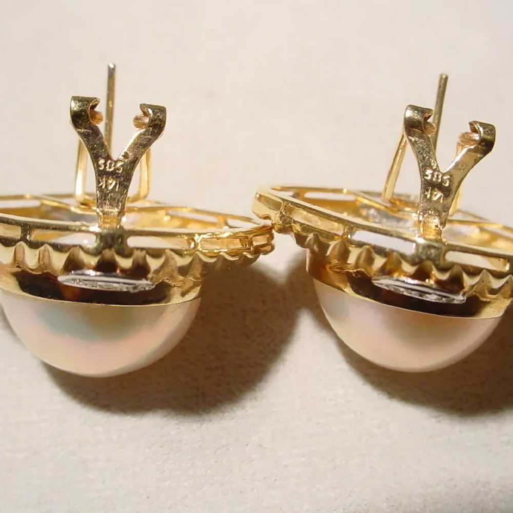 Huge Mabe Diamond Earrings 14K Cultured Pearls 18… - image 8