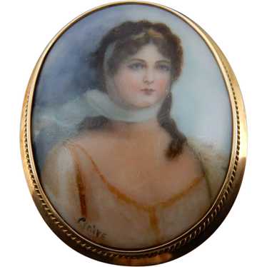 Estate Hand Painted Porcelain Portrait Brooch - image 1