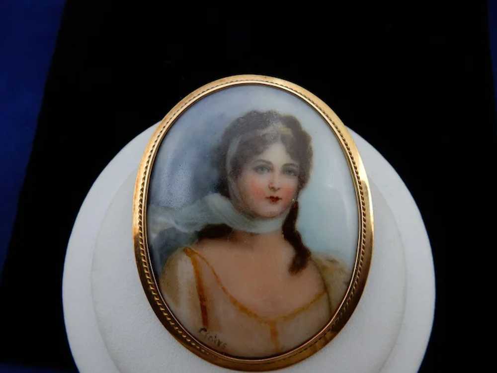 Estate Hand Painted Porcelain Portrait Brooch - image 2