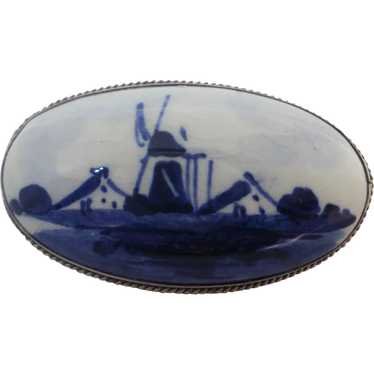 Hand Painted Porcelain Silver Delft Holland Brooch - image 1