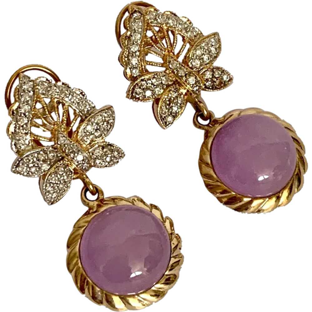 14k Diamond Butterfly & Lavender Jade Drop Earrin… - image 1