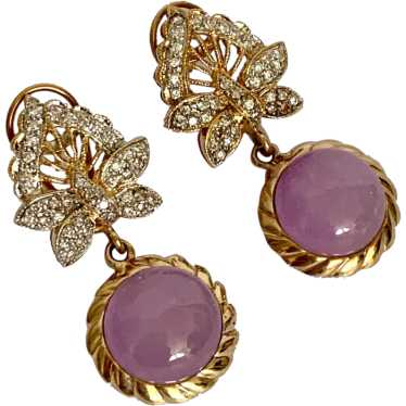 14k Diamond Butterfly & Lavender Jade Drop Earrin… - image 1