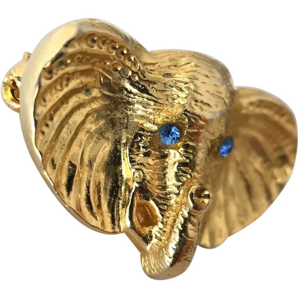 Gold Tone Blue-Eyed Elephant Pin - image 1