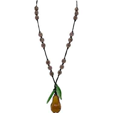 1930s Glass and String Necklace With Pear Pendant