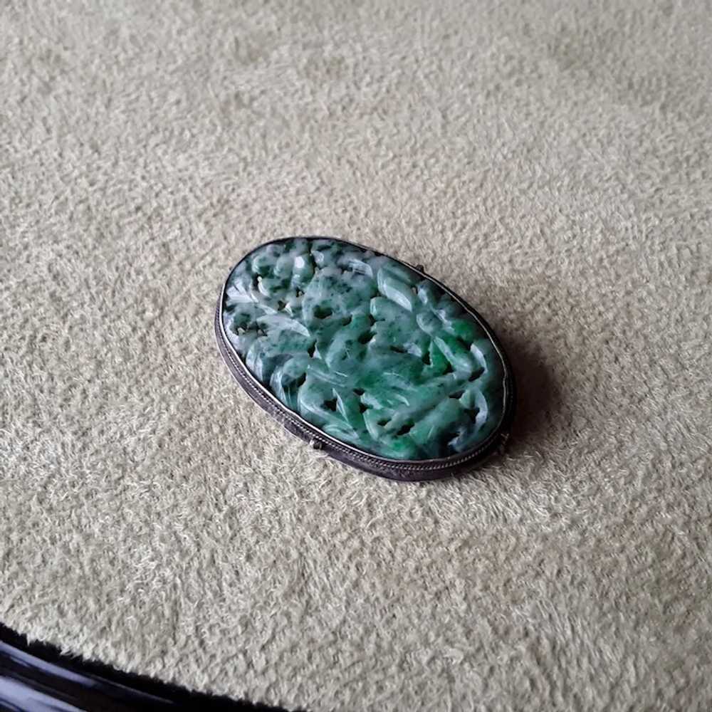 Hand Carved Spinach Jade and Sterling Silver Pin … - image 2