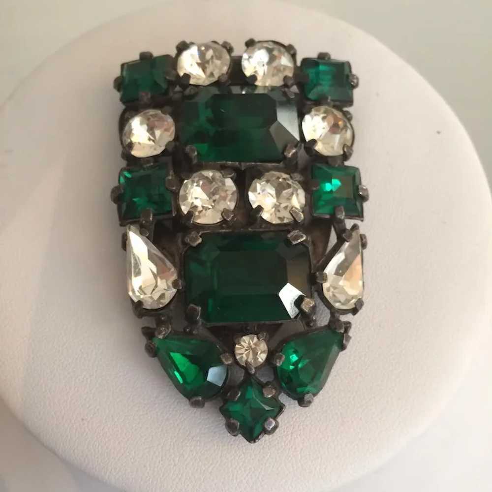 1930's Emerald Green and Clear Stone Dress Clip - image 2