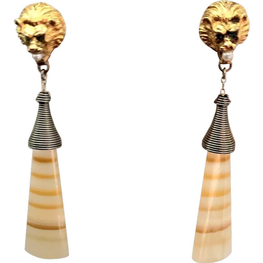 Lion Head Earrings with Striped Glass Drops - image 1