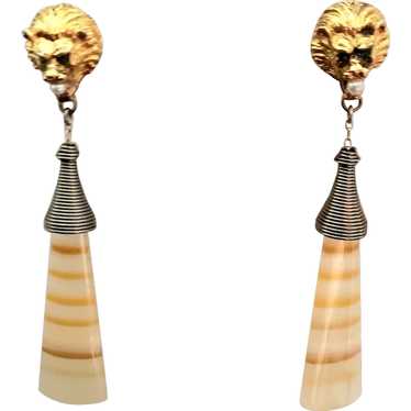 Lion Head Earrings with Striped Glass Drops - image 1