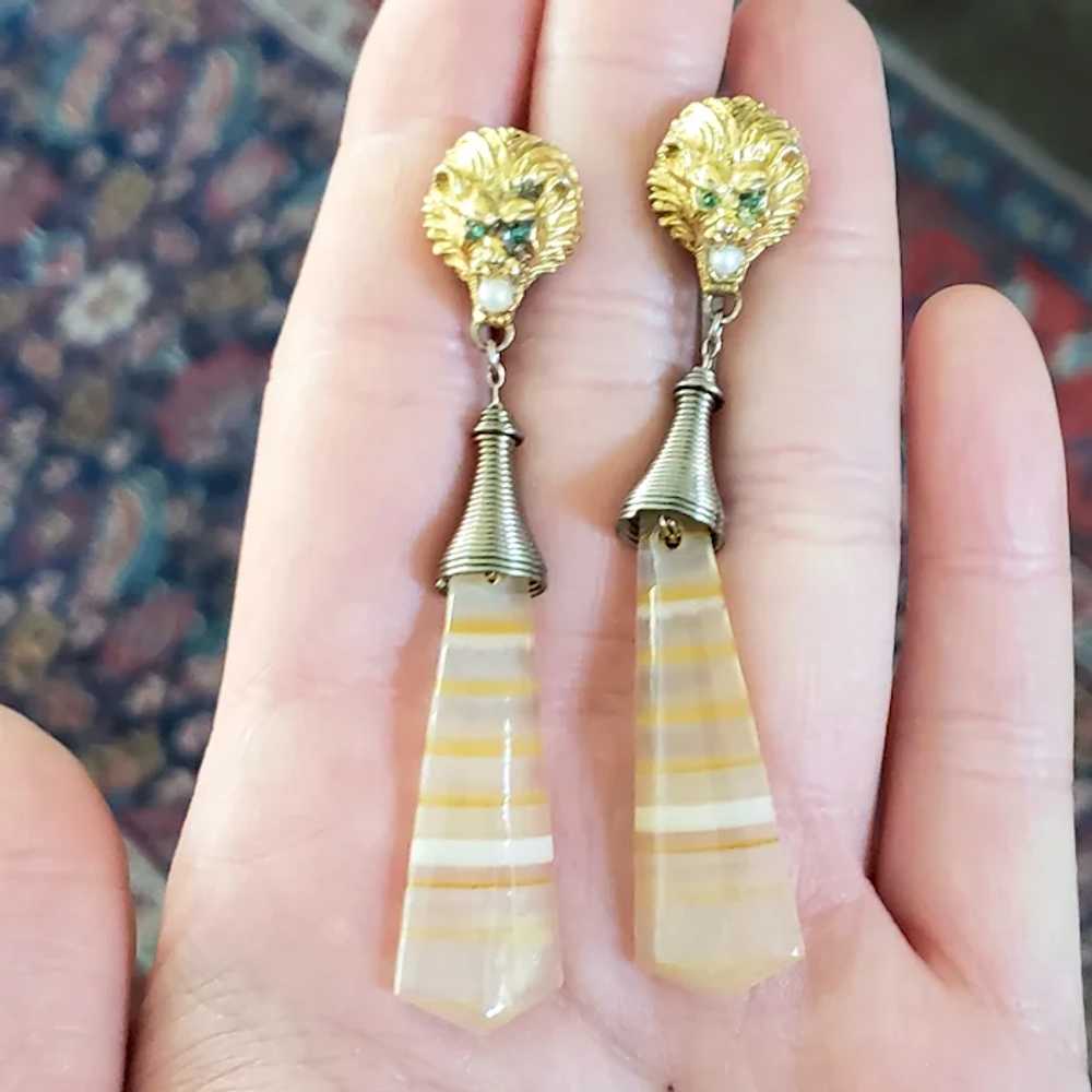 Lion Head Earrings with Striped Glass Drops - image 2